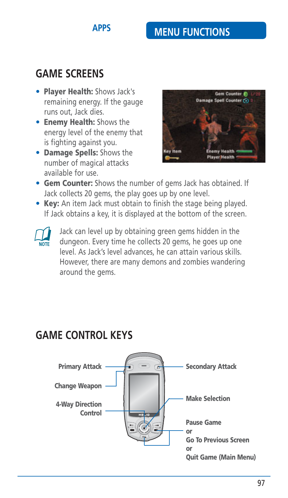 Game screens, Game control keys, Menu functions | Pantech HERO Cell phone User Manual | Page 97 / 158