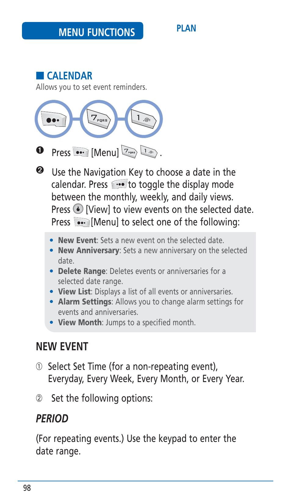 New event, Period, Menu functions | Calendar | Pantech HERO Cell phone User Manual | Page 98 / 158