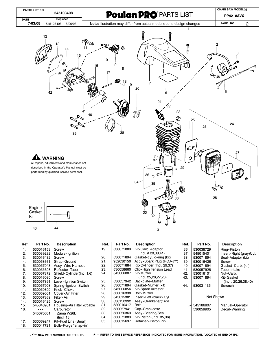 Paramount parts list, Weed eater parts list, Poulan parts list | Parts list | Poulan Pro PP4218AVX User Manual | Page 2 / 2