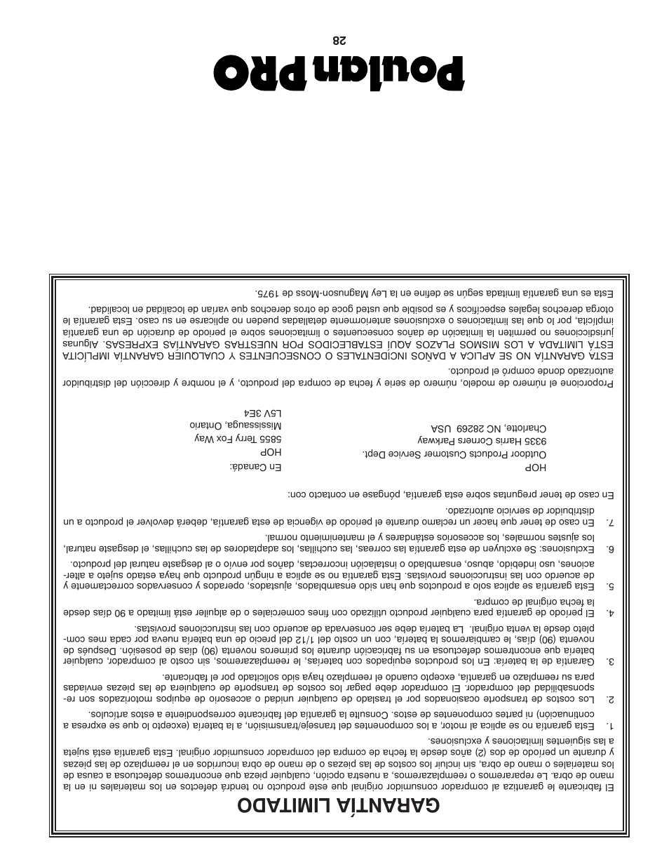 Garantía limitado | Poulan Pro PB20H42YT User Manual | Page 29 / 56