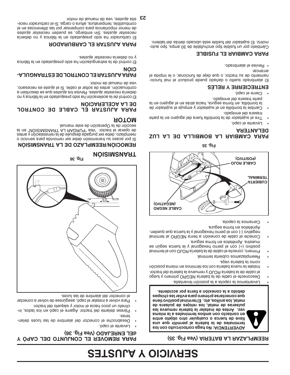 Servicio y ajustes, Transmisión, Motor | Poulan Pro PB20H42YT User Manual | Page 34 / 56