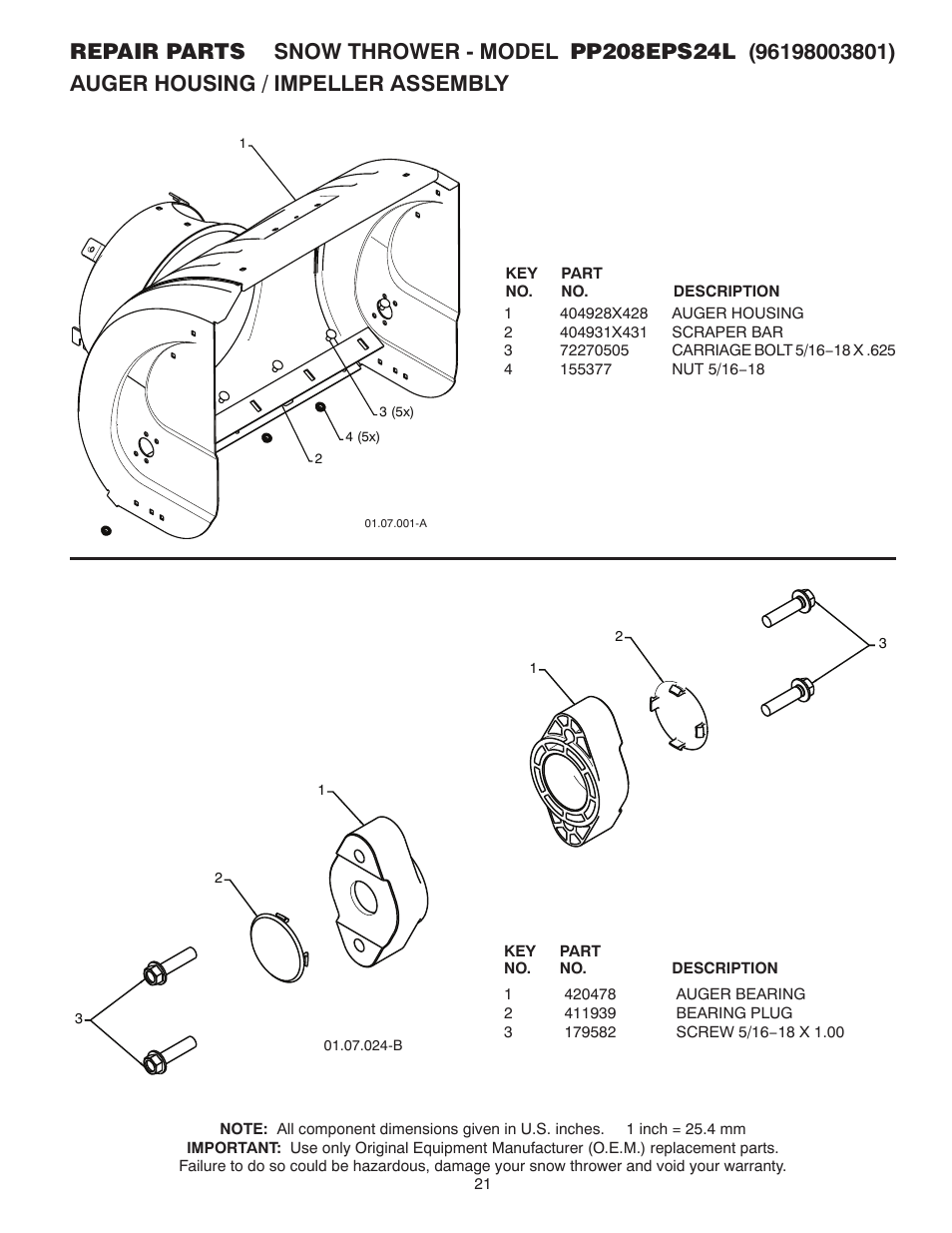 Repair parts, Auger housing / impeller assembly | Poulan Pro PP208EPS24L User Manual | Page 21 / 40