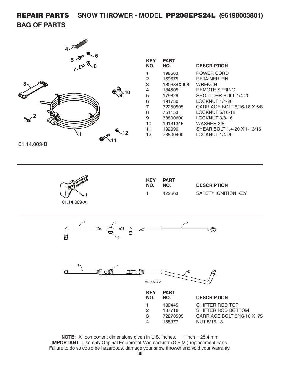 Bag of parts | Poulan Pro PP208EPS24L User Manual | Page 38 / 40