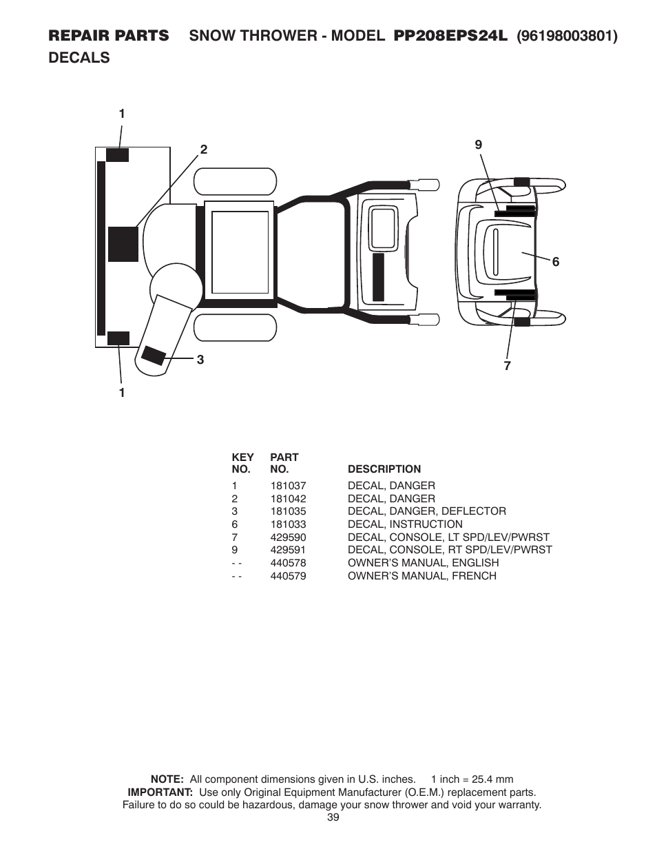 Decals | Poulan Pro PP208EPS24L User Manual | Page 39 / 40