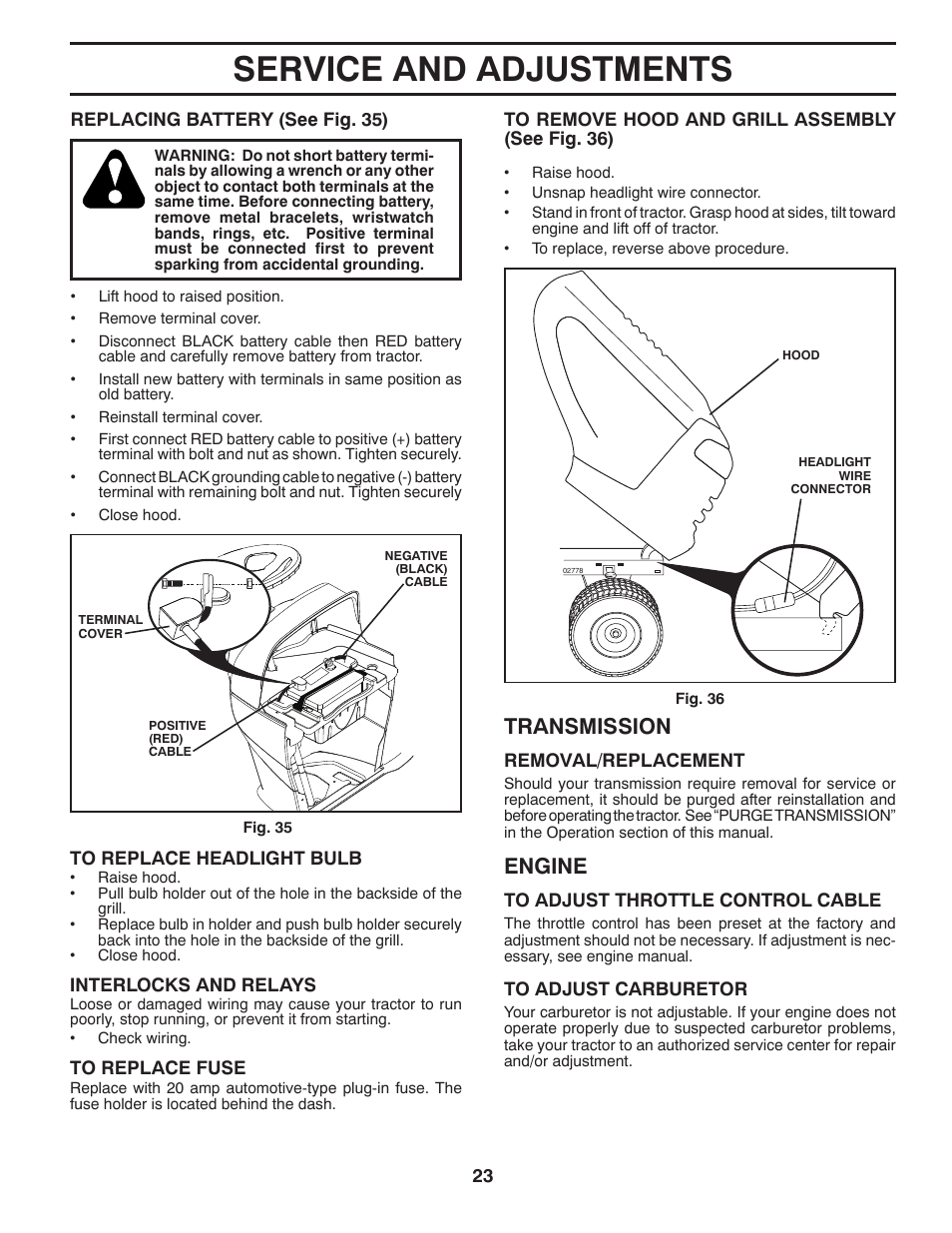 Service and adjustments, Engine, Transmission | Poulan Pro PB22H46YT User Manual | Page 23 / 28