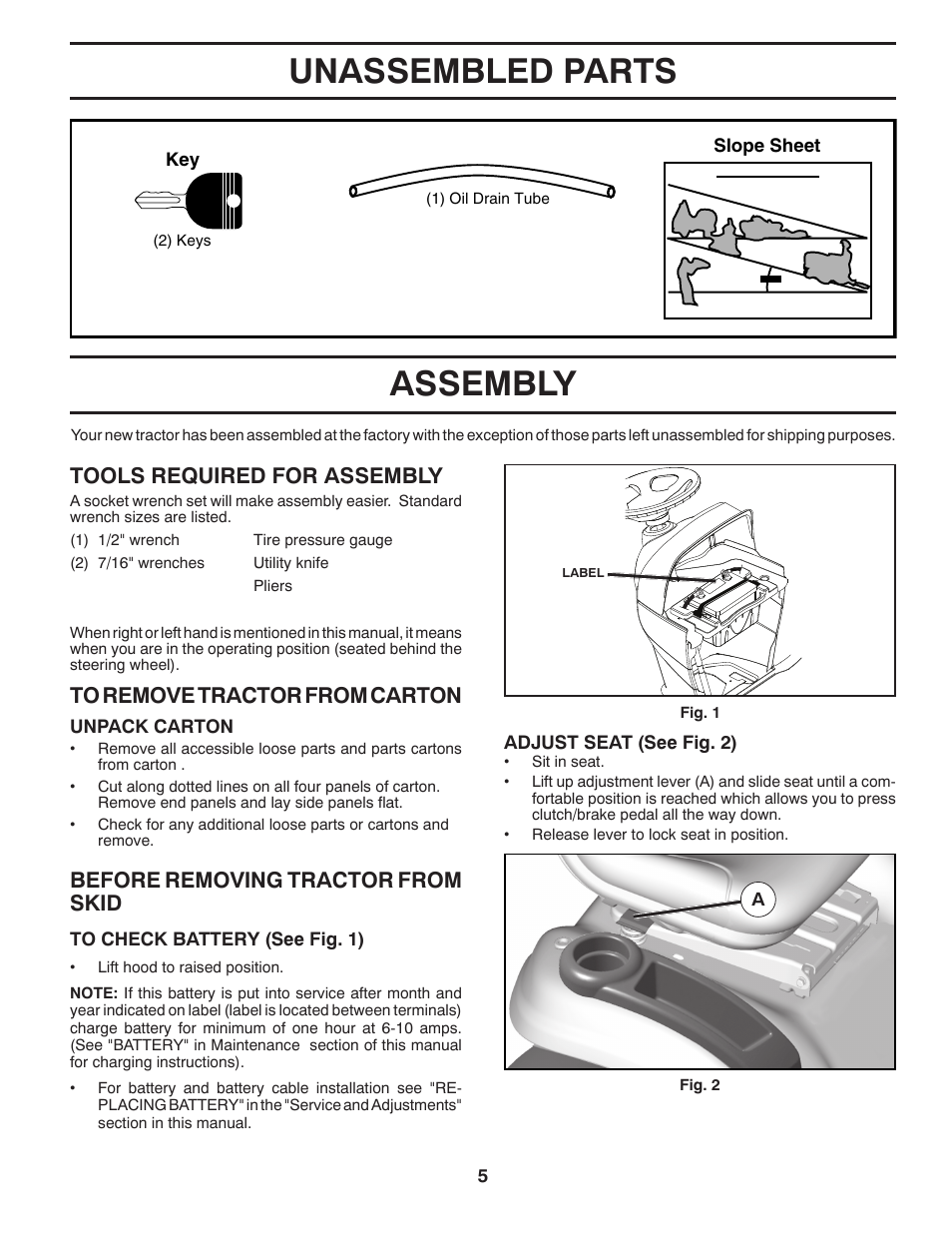 Assembly, Unassembled parts, Tools required for assembly | Before removing tractor from skid | Poulan Pro PB22H46YT User Manual | Page 5 / 28