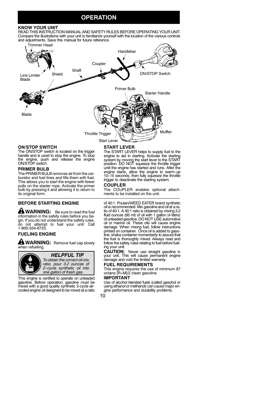 Operation, Warning, Helpful tip | Poulan Pro PP333 User Manual | Page 10 / 22
