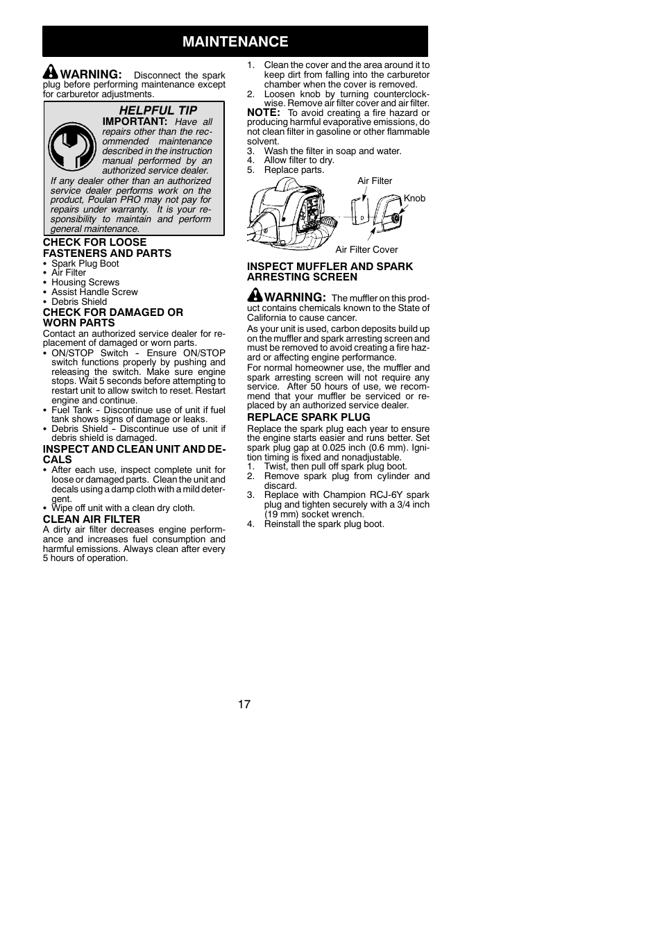Maintenance, Warning, Helpful tip | Poulan Pro PP333 User Manual | Page 17 / 22