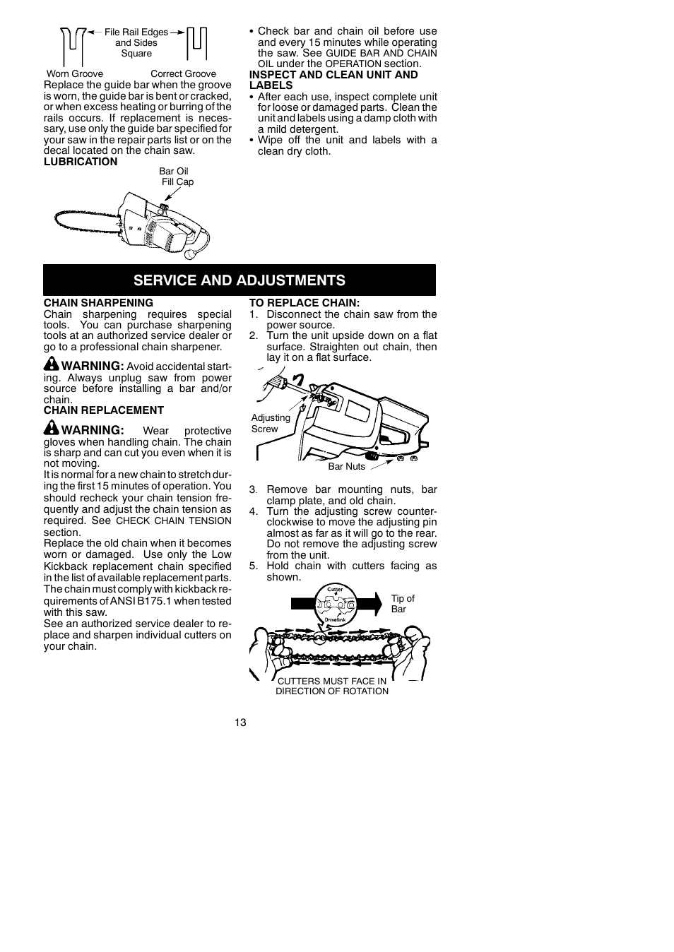 Service and adjustments | Poulan Pro 1420 User Manual | Page 13 / 15