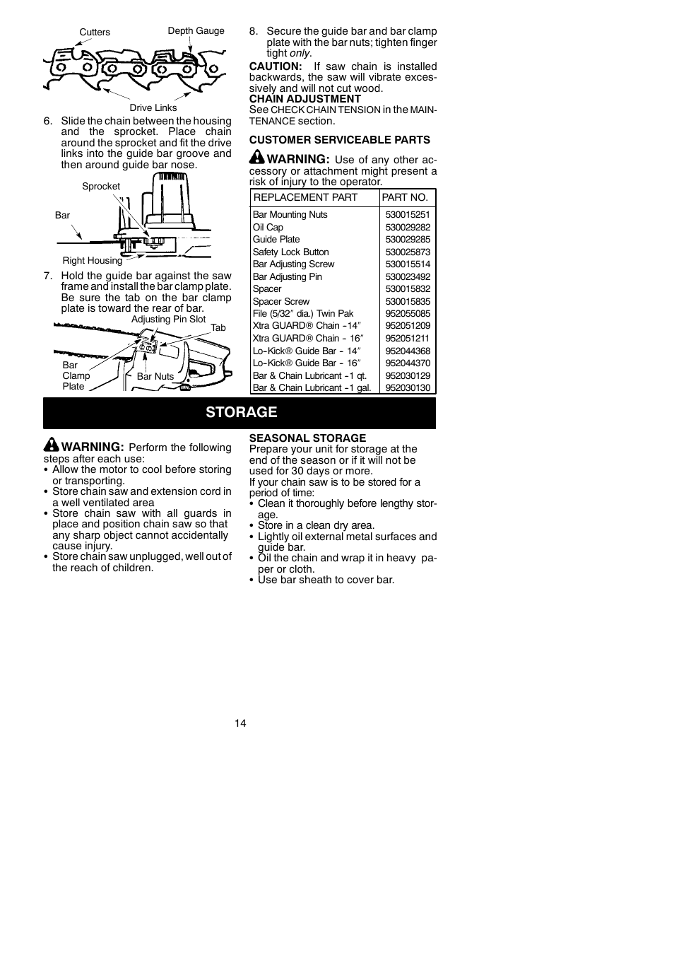 Storage | Poulan Pro 1420 User Manual | Page 14 / 15