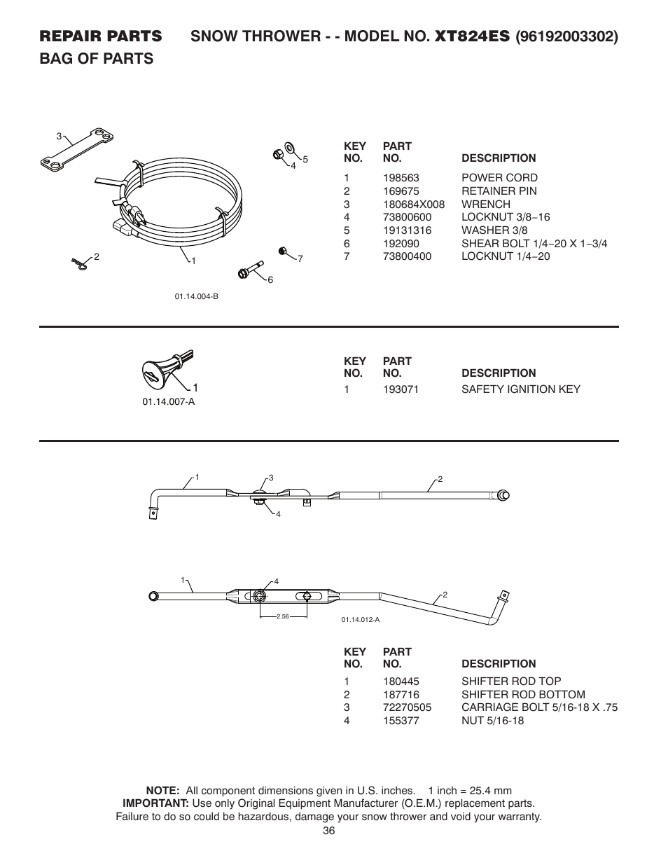 Bag of parts | Poulan Pro XT824ES User Manual | Page 18 / 19