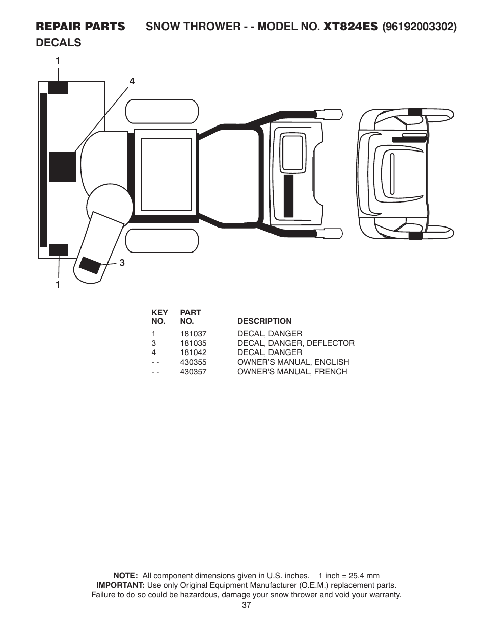 Decals | Poulan Pro XT824ES User Manual | Page 19 / 19