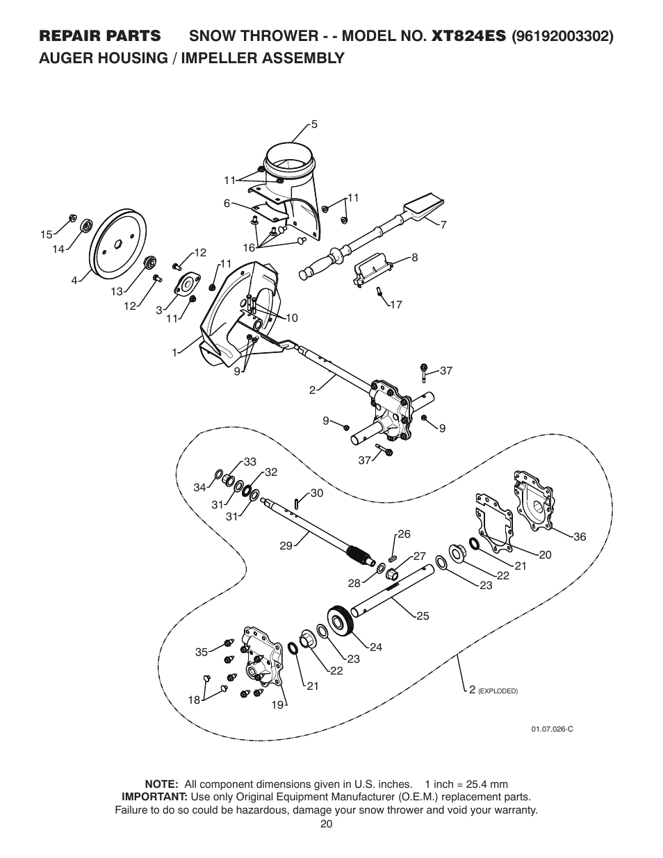 Repair parts, Auger housing / impeller assembly | Poulan Pro XT824ES User Manual | Page 2 / 19