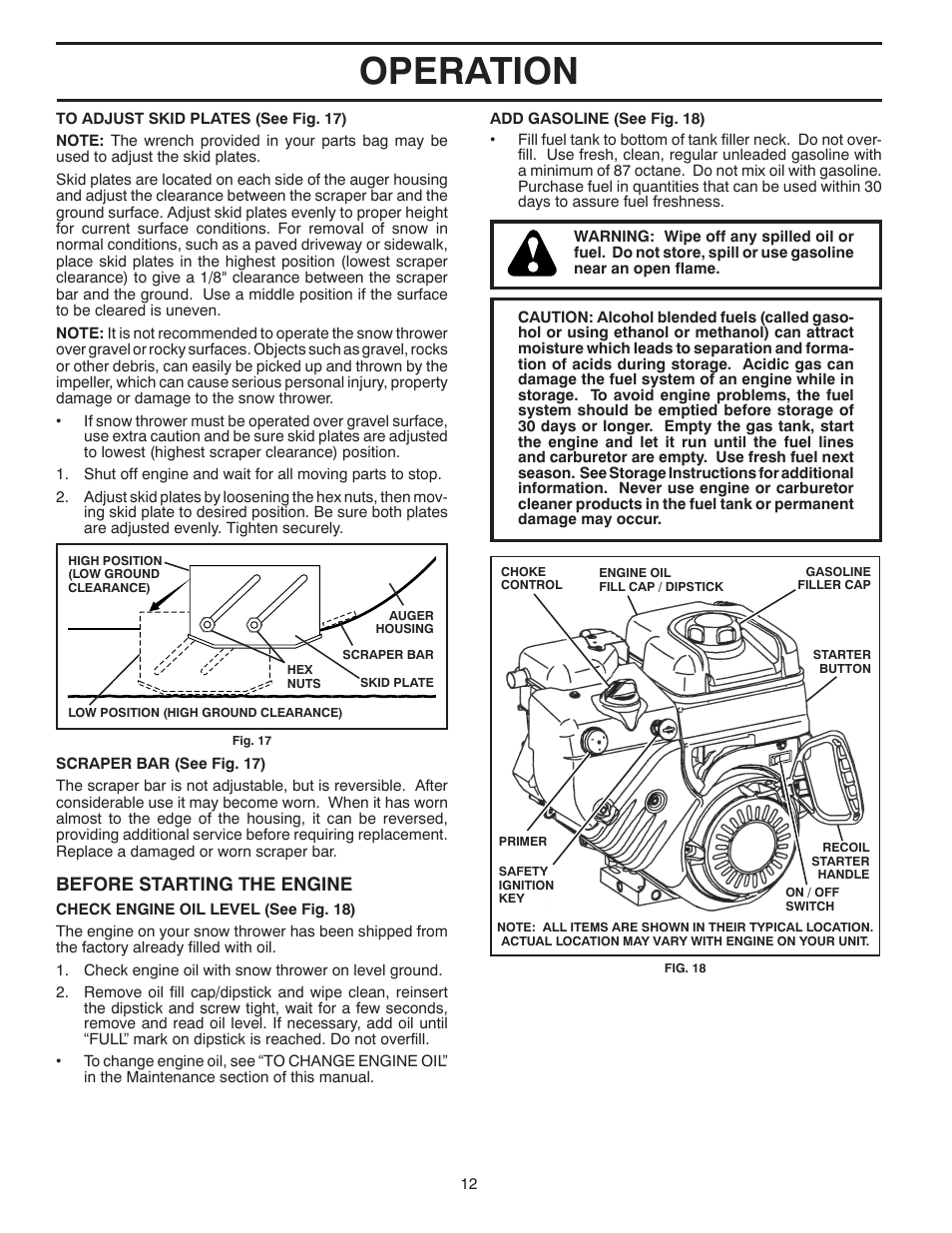 Operation, Before starting the engine | Poulan Pro PP800EPS24 User Manual | Page 12 / 40