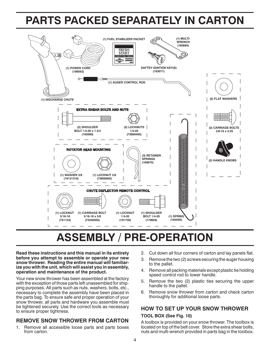 Assembly, Parts packed separately in carton, Assembly / pre-operation | Remove snow thrower from car ton, How to set up your snow thrower | Poulan Pro PP800EPS24 User Manual | Page 4 / 40