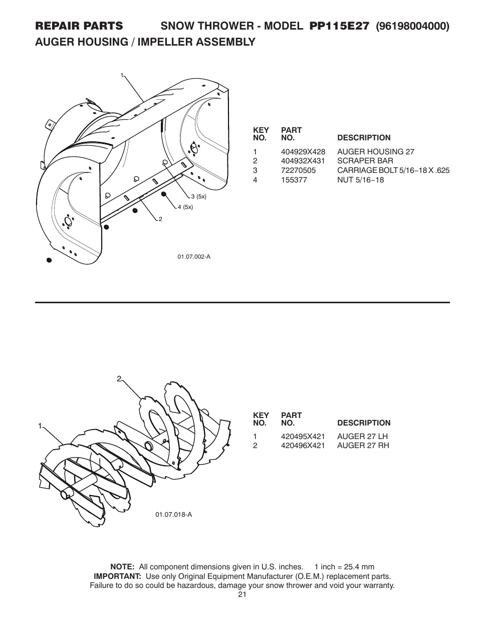 Repair parts, Auger housing / impeller assembly | Poulan Pro PP115E27 User Manual | Page 21 / 40