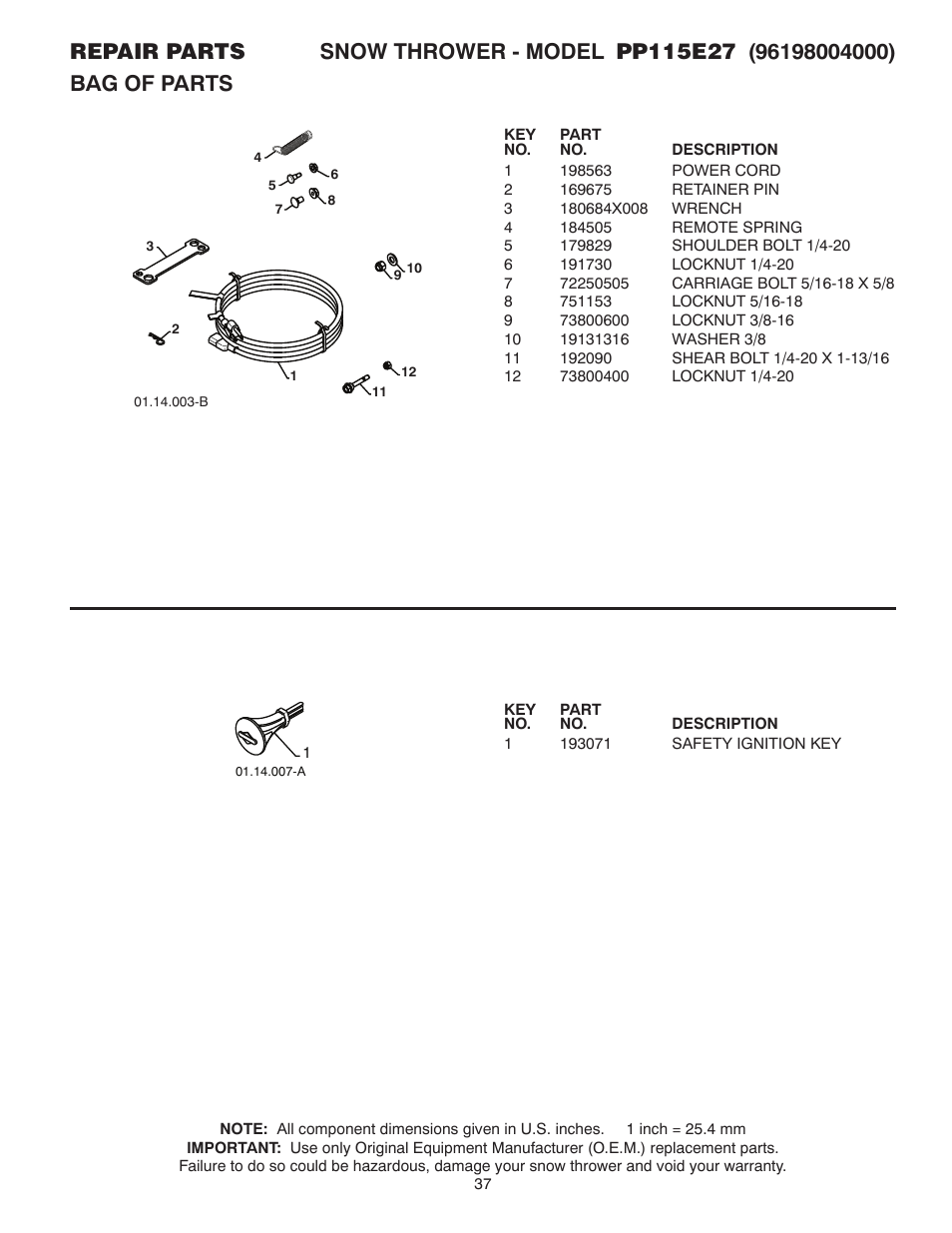 Bag of parts | Poulan Pro PP115E27 User Manual | Page 37 / 40