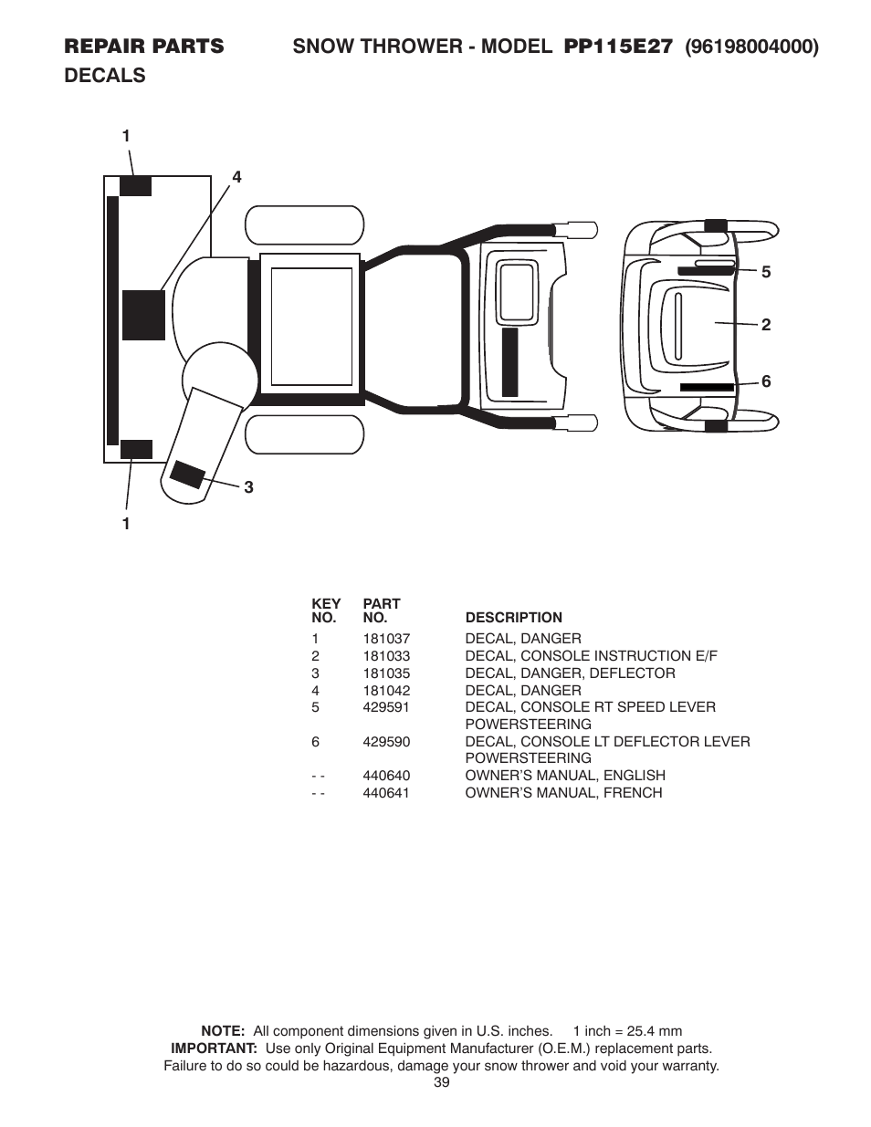 Decals | Poulan Pro PP115E27 User Manual | Page 39 / 40