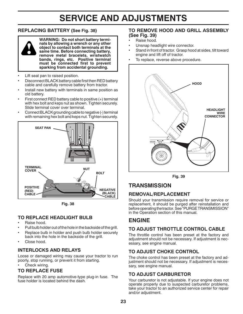 Service and adjustments, Engine, Transmission | Poulan Pro PB195H42LT User Manual | Page 23 / 28