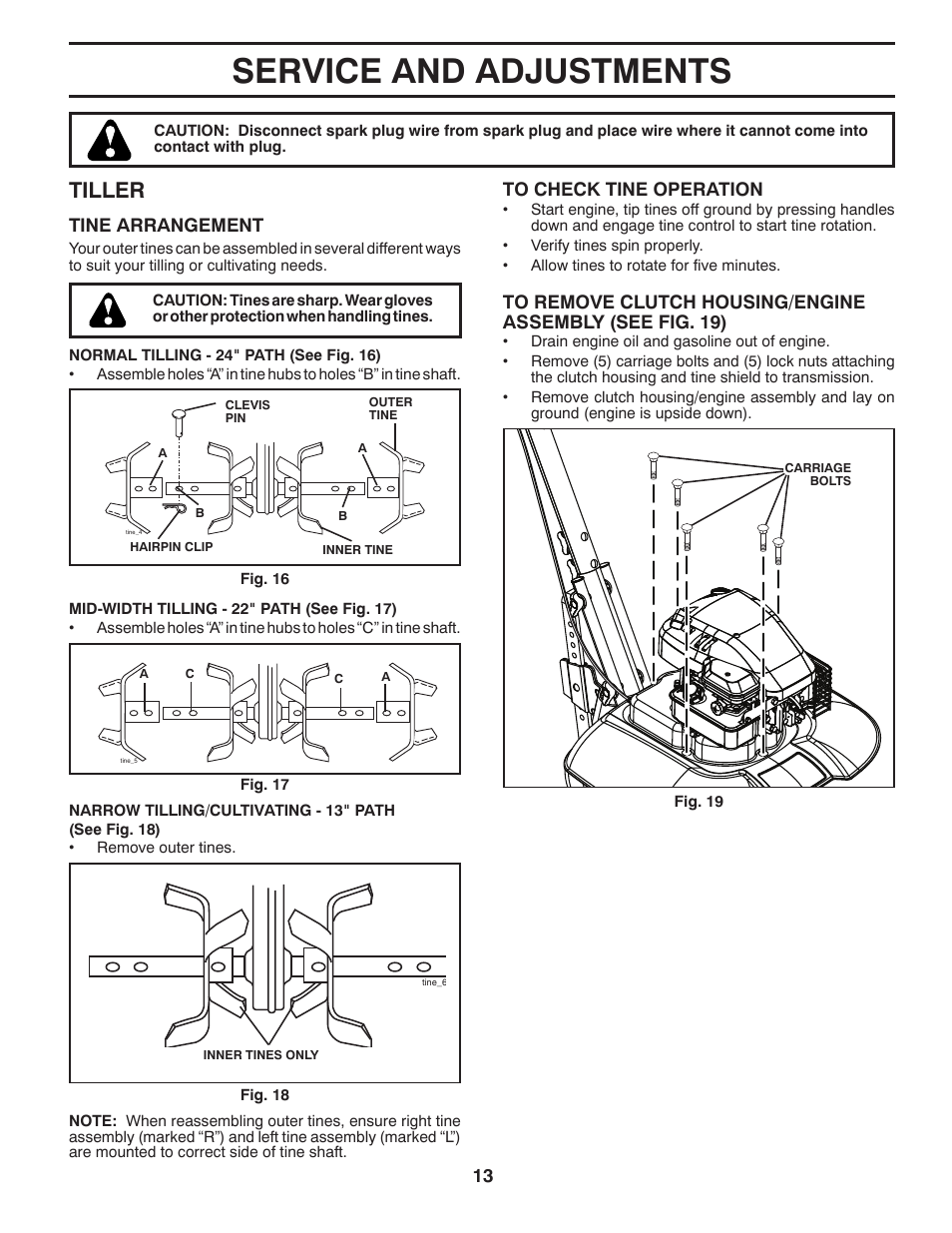 Service and adjustments, Tiller, Tine arrangement | Poulan Pro Front Line VF550 User Manual | Page 13 / 22