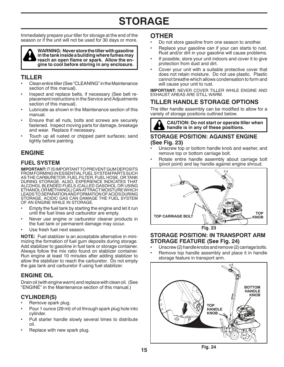 Storage, Other, Engine | Tiller handle storage options, Tiller | Poulan Pro Front Line VF550 User Manual | Page 15 / 22