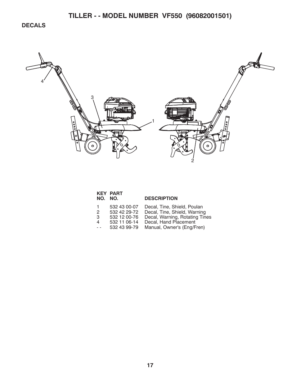 Repair parts, Decals | Poulan Pro Front Line VF550 User Manual | Page 17 / 22