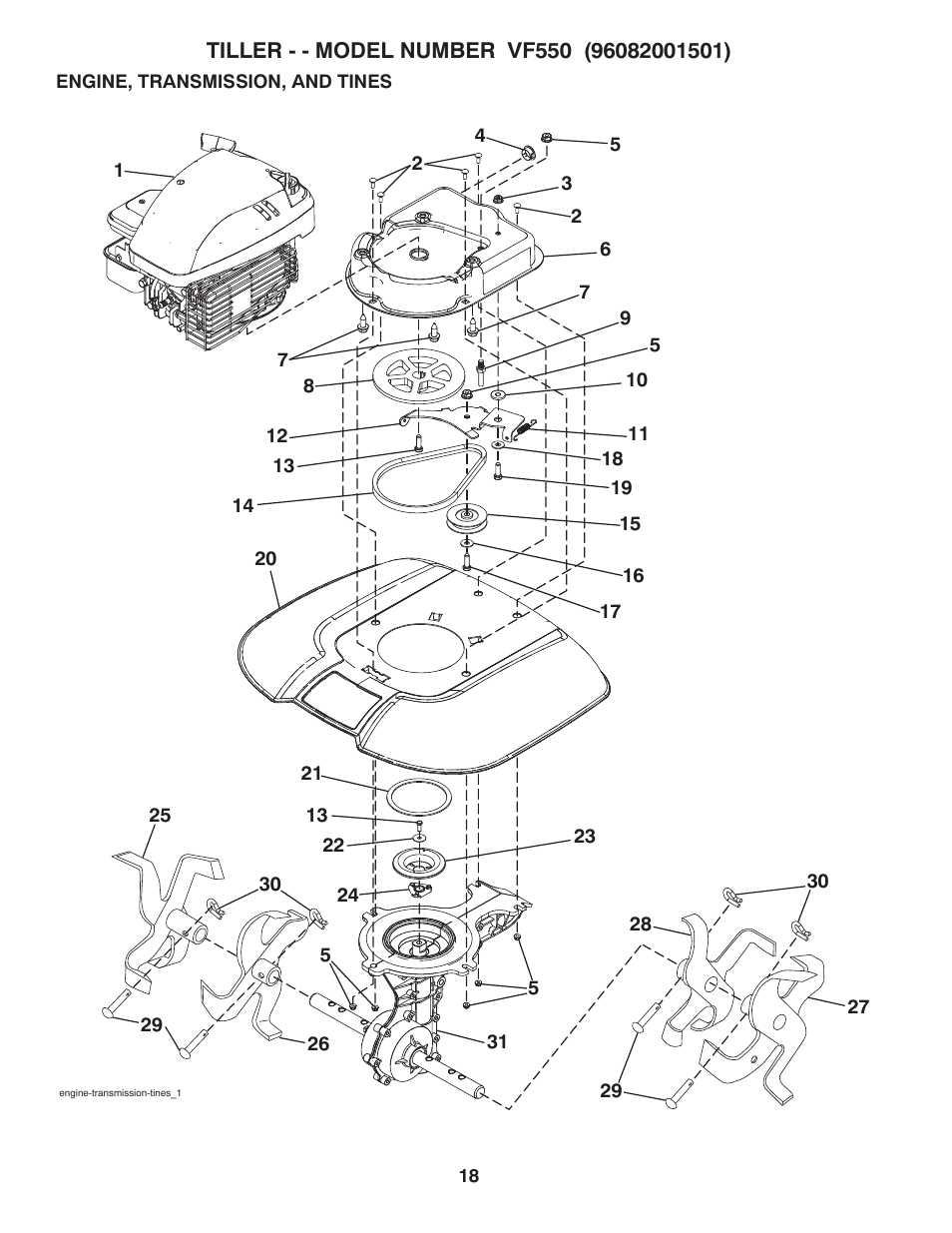 Engine, transmission, and tines | Poulan Pro Front Line VF550 User Manual | Page 18 / 22