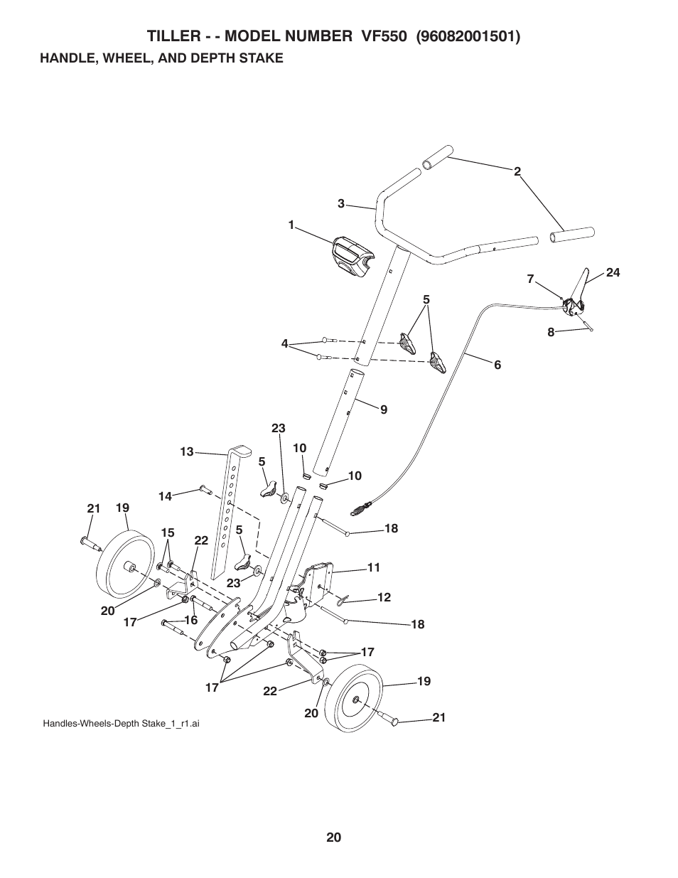 Handle, wheel, and depth stake | Poulan Pro Front Line VF550 User Manual | Page 20 / 22