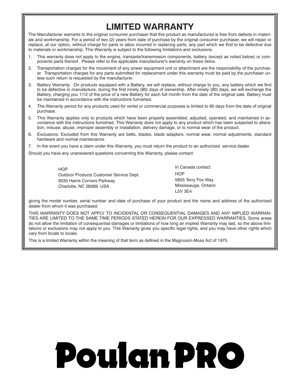Limited warranty | Poulan Pro PP291EPS30 User Manual | Page 44 / 44