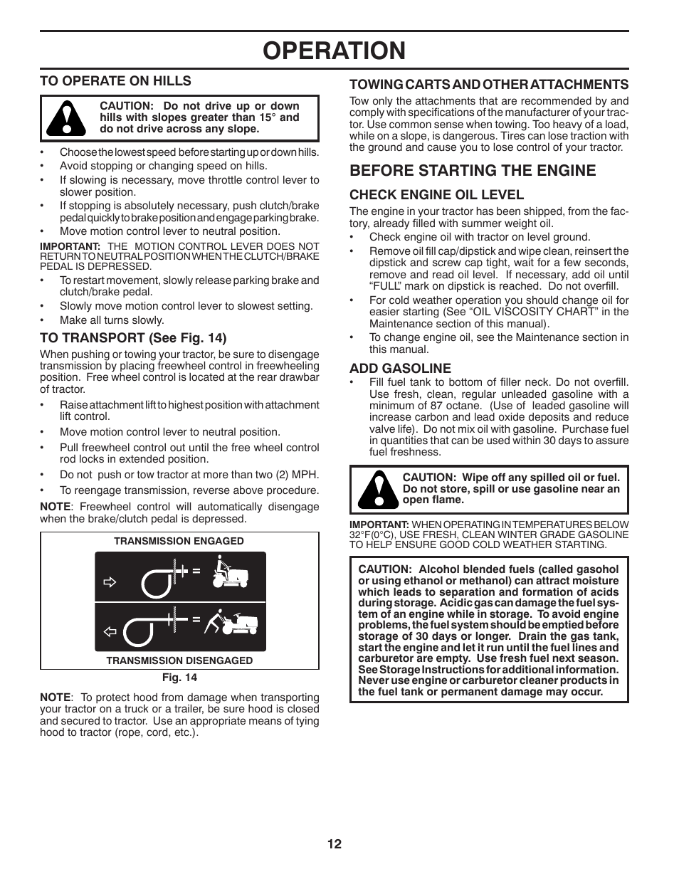 Operation, Before starting the engine | Poulan Pro PB195A42LT User Manual | Page 12 / 28