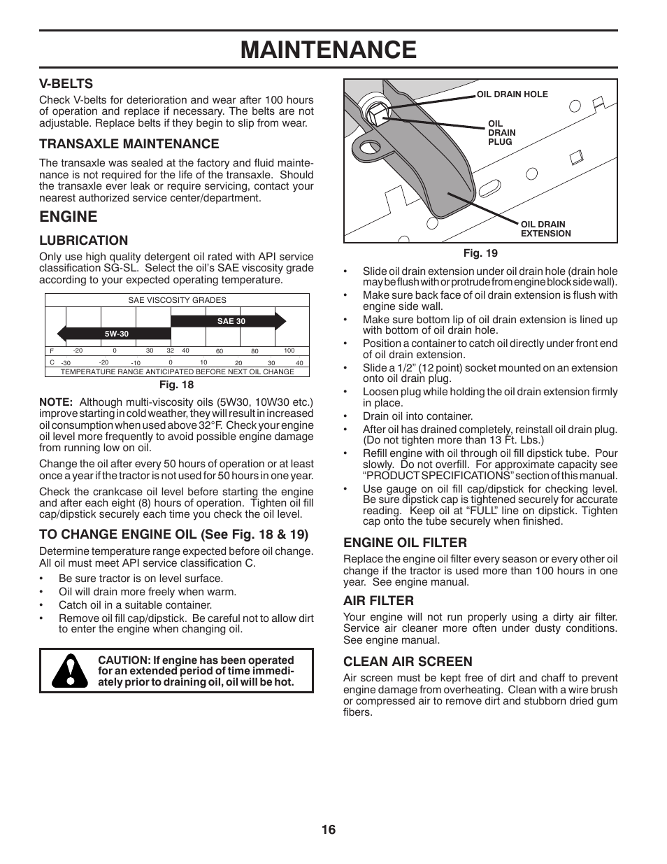 Maintenance, Engine, Lubrication | Air filter, V-belts, Clean air screen, Engine oil filter, Transaxle maintenance | Poulan Pro PB195A42LT User Manual | Page 16 / 28