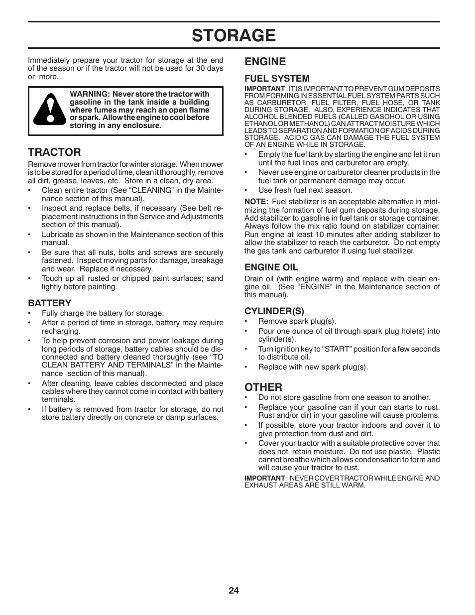 Storage, Tractor, Engine | Other | Poulan Pro PB195A42LT User Manual | Page 24 / 28