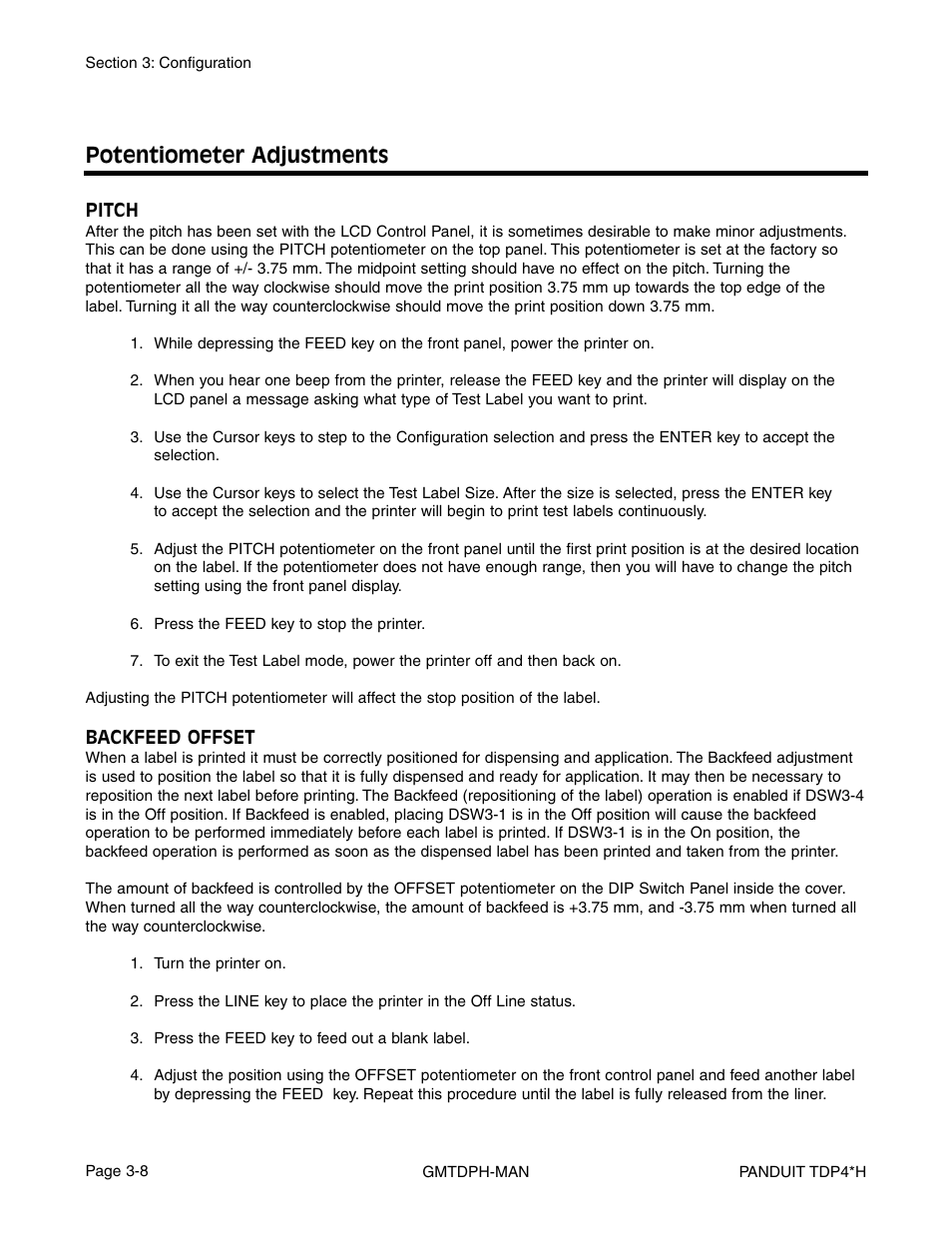 Potentiometer adjustments | Panduit TDP46H User Manual | Page 34 / 84