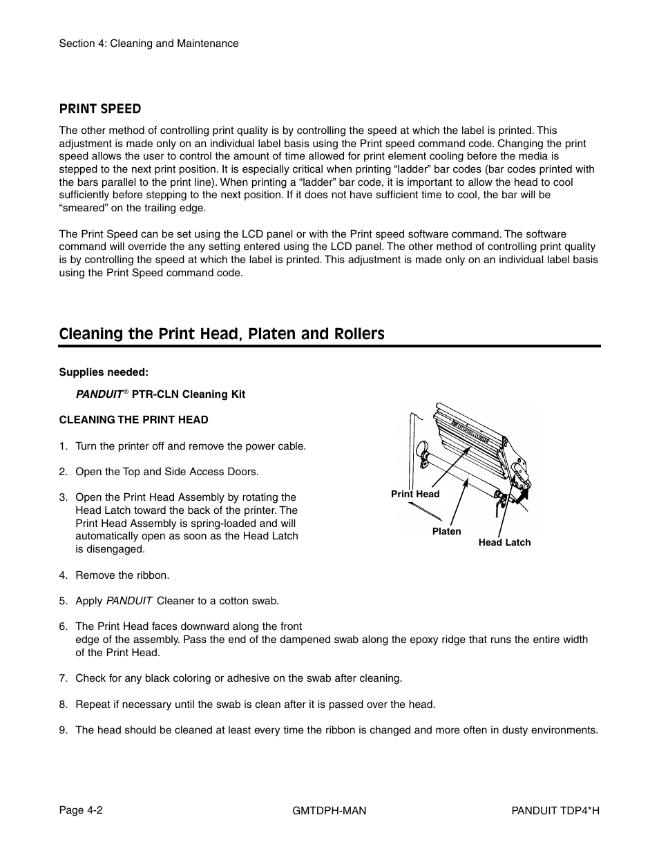 Cleaning the print head, platen and rollers | Panduit TDP46H User Manual | Page 56 / 84