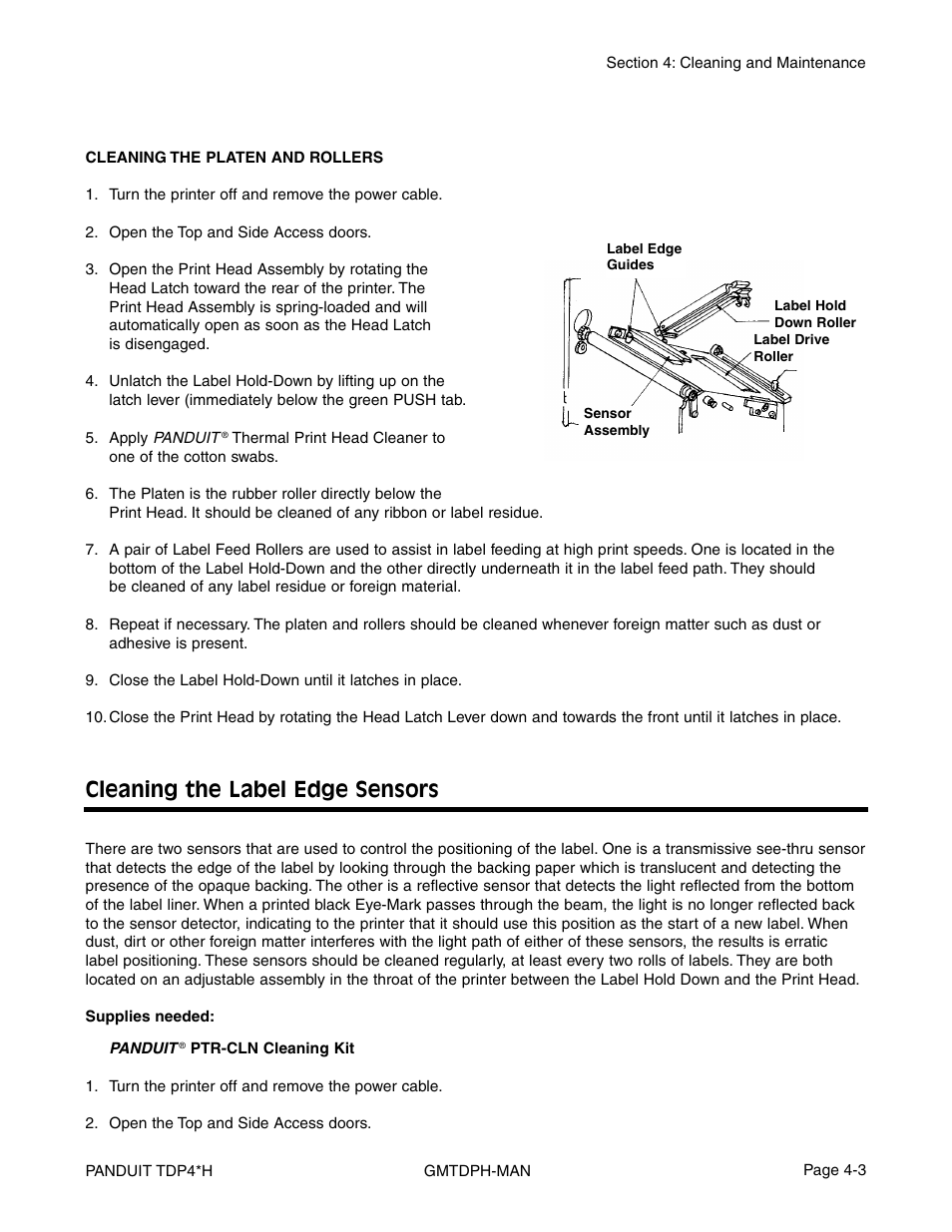 Cleaning the label edge sensors | Panduit TDP46H User Manual | Page 57 / 84