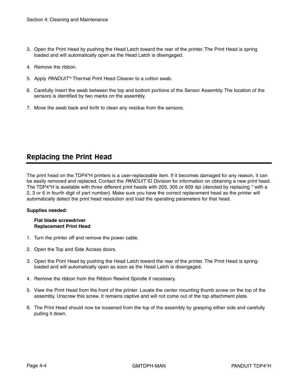 Replacing the print head | Panduit TDP46H User Manual | Page 58 / 84