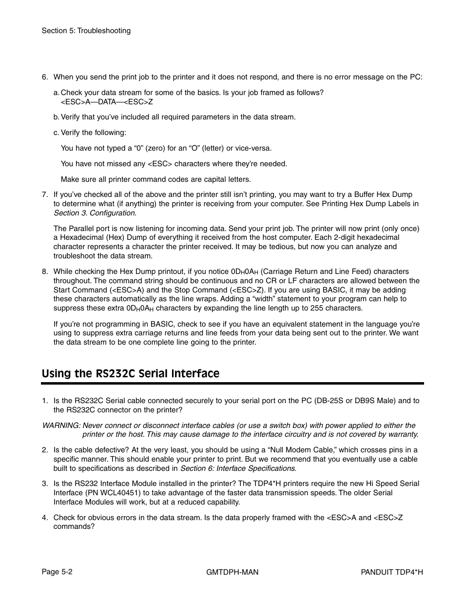 Using the rs232c serial interface | Panduit TDP46H User Manual | Page 62 / 84