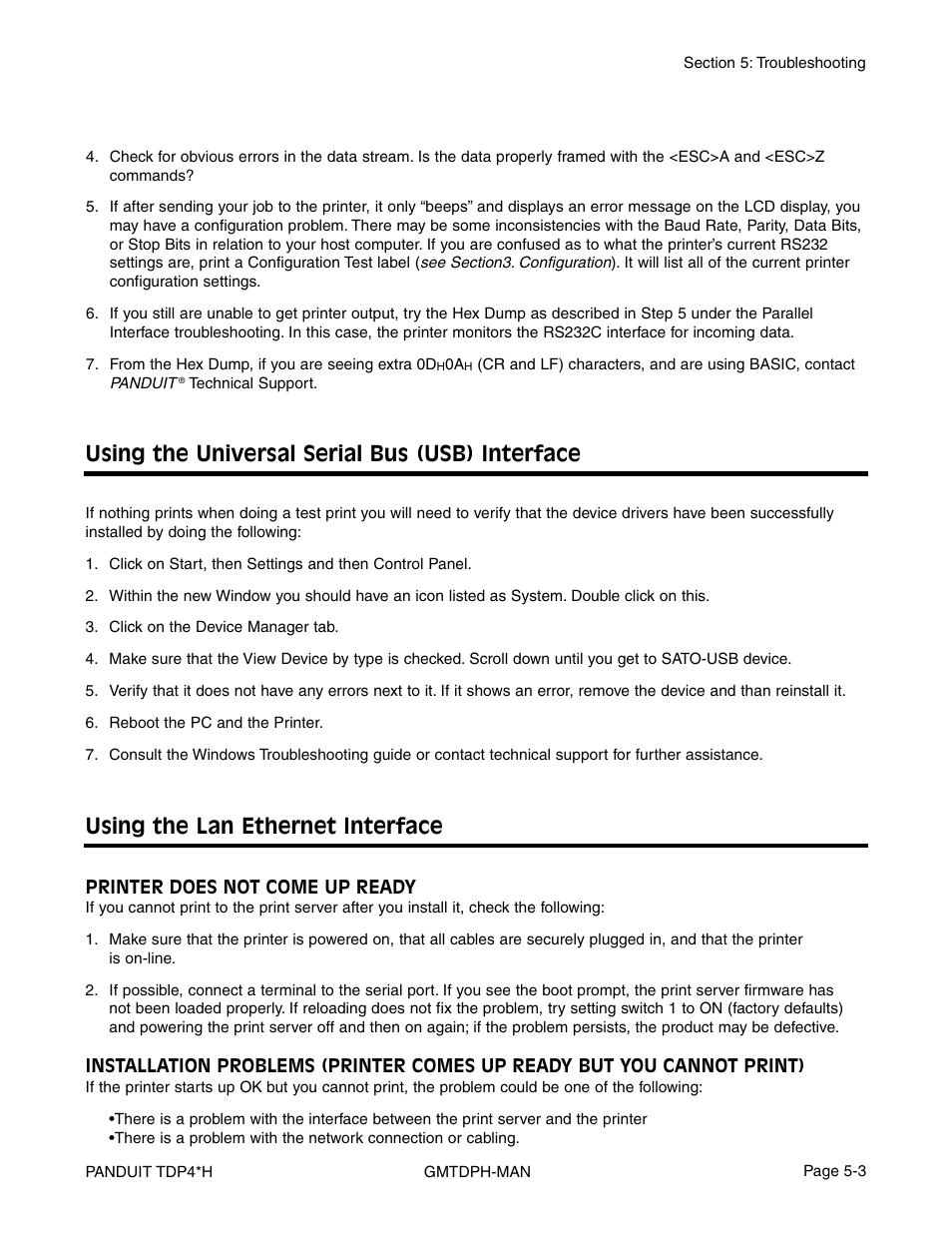 Using the universal serial bus (usb) interface, Using the lan ethernet interface | Panduit TDP46H User Manual | Page 63 / 84