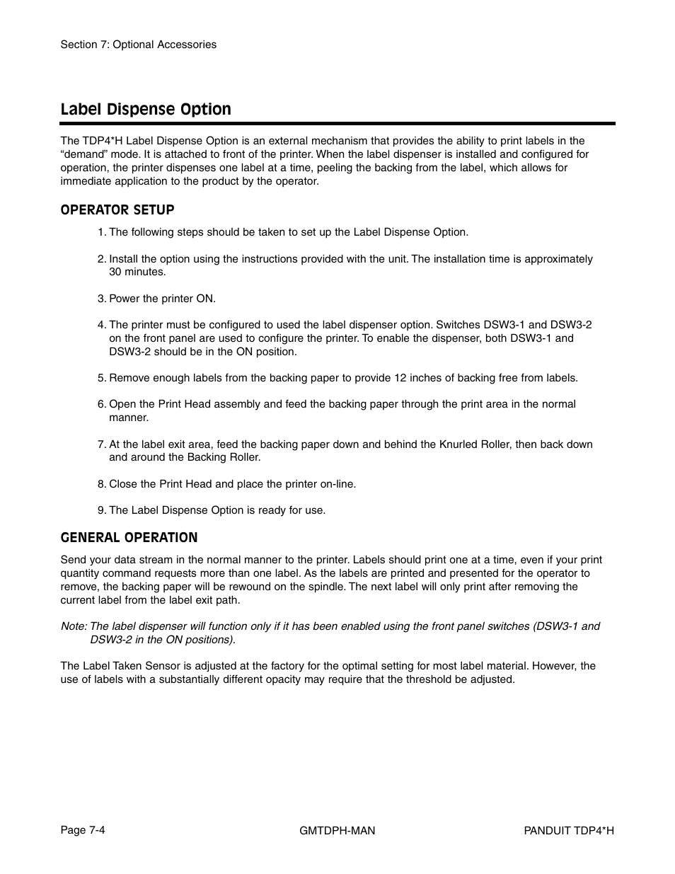 Label dispense option | Panduit TDP46H User Manual | Page 80 / 84