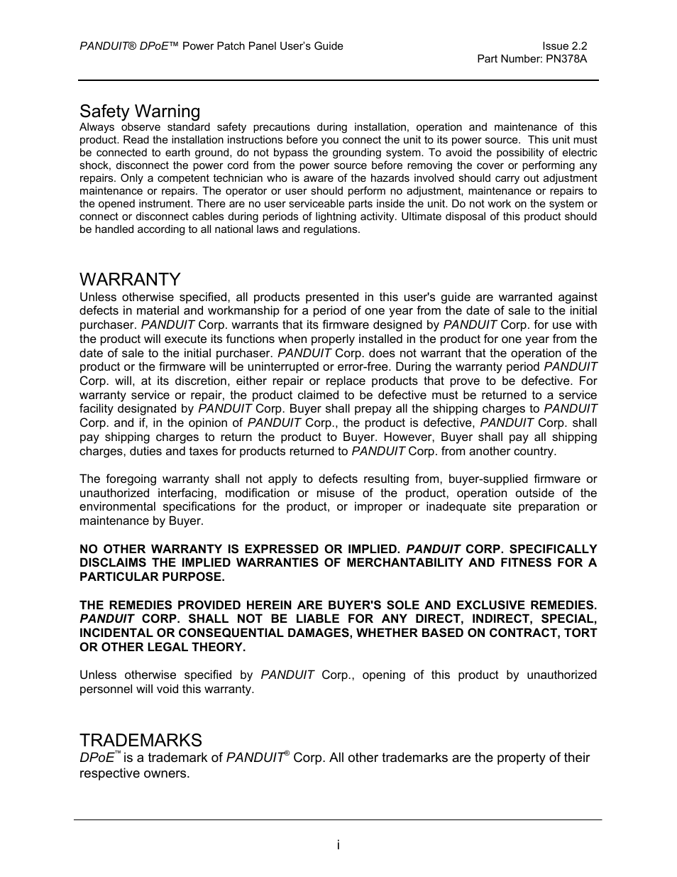 Safety warning, Warranty, Trademarks | Panduit DPOE24S1X User Manual | Page 2 / 64