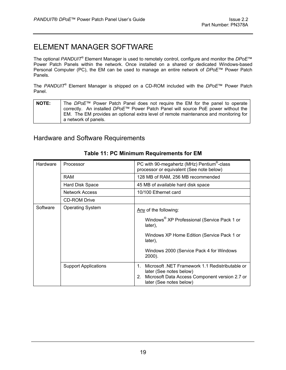 Element manager software, Hardware and software requirements | Panduit DPOE24S1X User Manual | Page 20 / 64