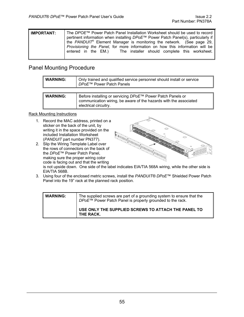 Panel mounting procedure | Panduit DPOE24S1X User Manual | Page 56 / 64