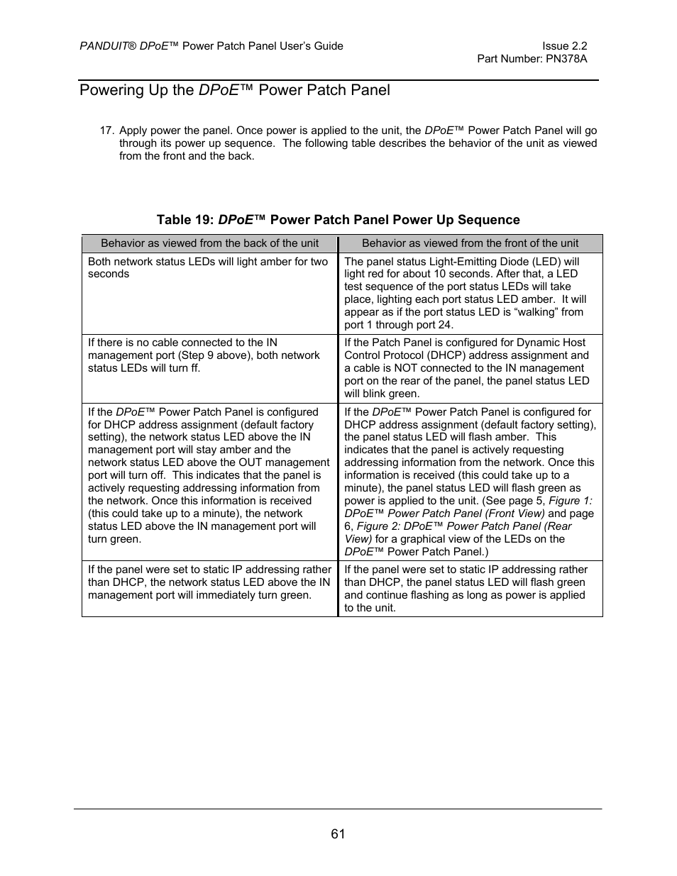 Powering up the dpoe ™ power patch panel | Panduit DPOE24S1X User Manual | Page 62 / 64