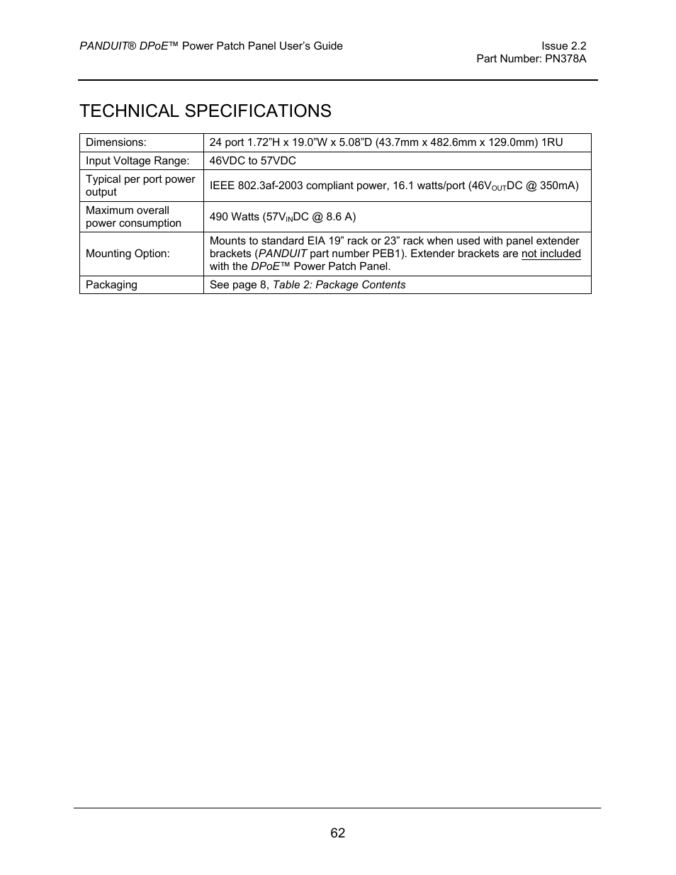 Technical specifications | Panduit DPOE24S1X User Manual | Page 63 / 64
