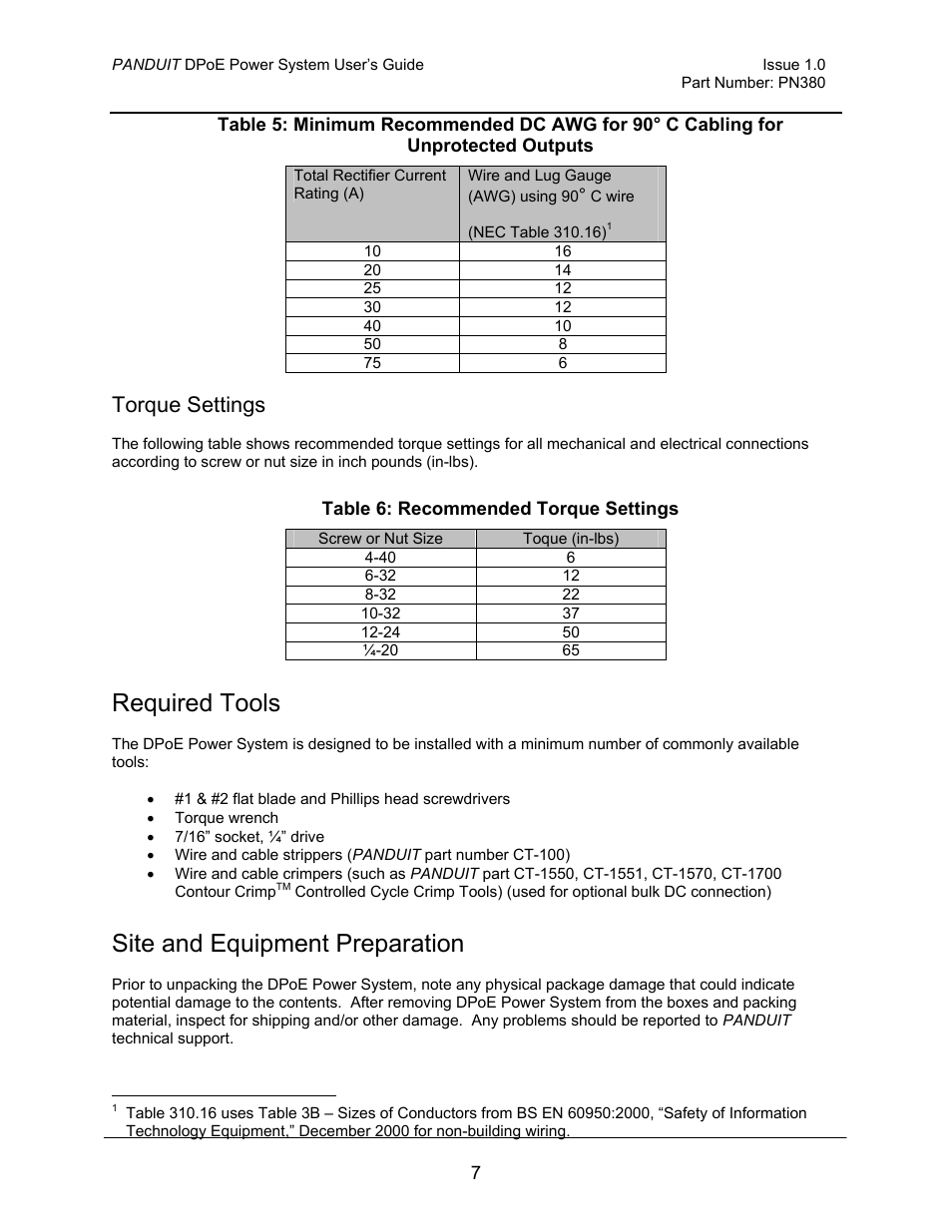 Torque settings, Required tools, Site and equipment preparation | Table 6: recommended torque settings | Panduit PN380 User Manual | Page 12 / 20
