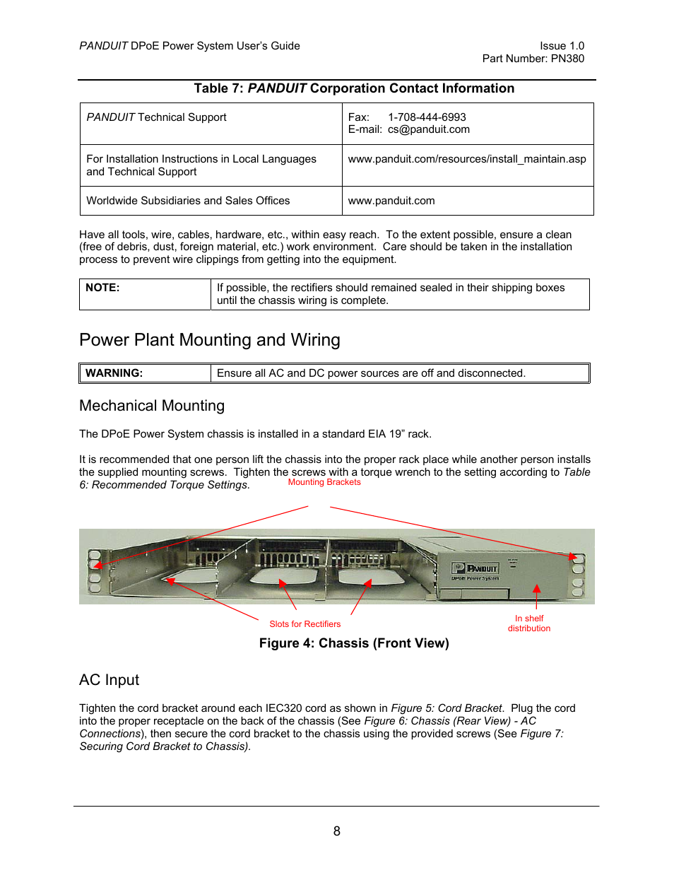 Power plant mounting and wiring, Mechanical mounting, Ac input | Figure 4: chassis (front view), Table 7: panduit corporation contact information | Panduit PN380 User Manual | Page 13 / 20
