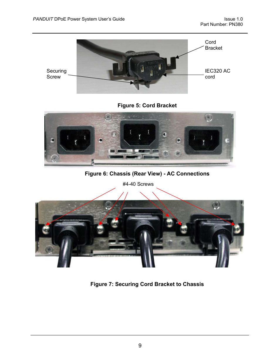 Figure 5: cord bracket, Figure 6: chassis (rear view) - ac connections, Figure 7: securing cord bracket to chassis | Figure 6: chassis (rear view) - ac connections ), Figure 7: securing cord bracket to chassis ), Figure 5: cord bracket . plug the co, Figure 7: securing cord bracket to chassis) | Panduit PN380 User Manual | Page 14 / 20