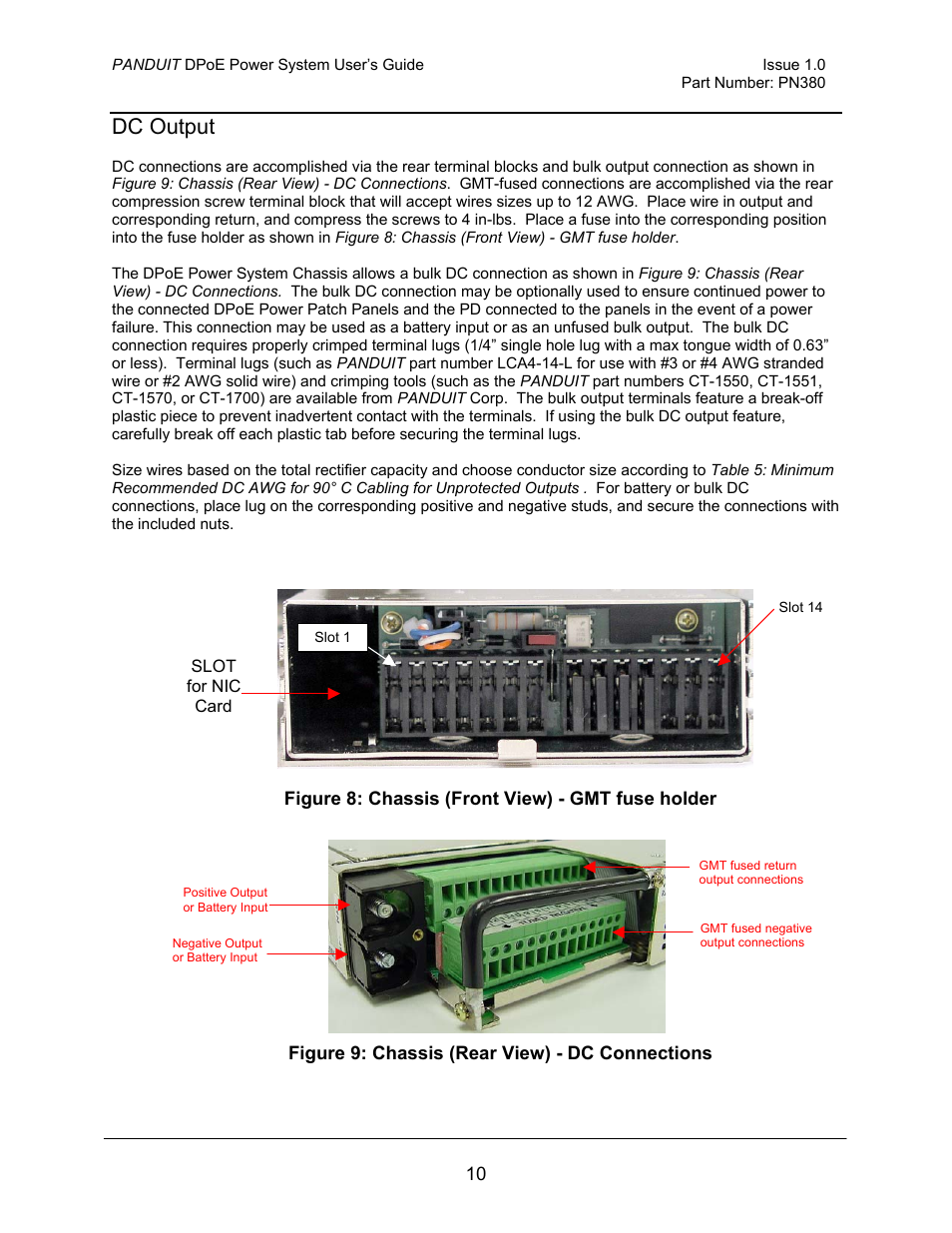 Dc output, Figure 8: chassis (front view) - gmt fuse holder, Figure 9: chassis (rear view) - dc connections | Panduit PN380 User Manual | Page 15 / 20