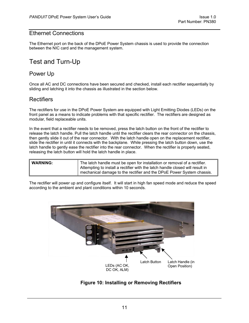 Ethernet connections, Test and turn-up, Power up | Rectifiers, Figure 10: installing or removing rectifiers | Panduit PN380 User Manual | Page 16 / 20