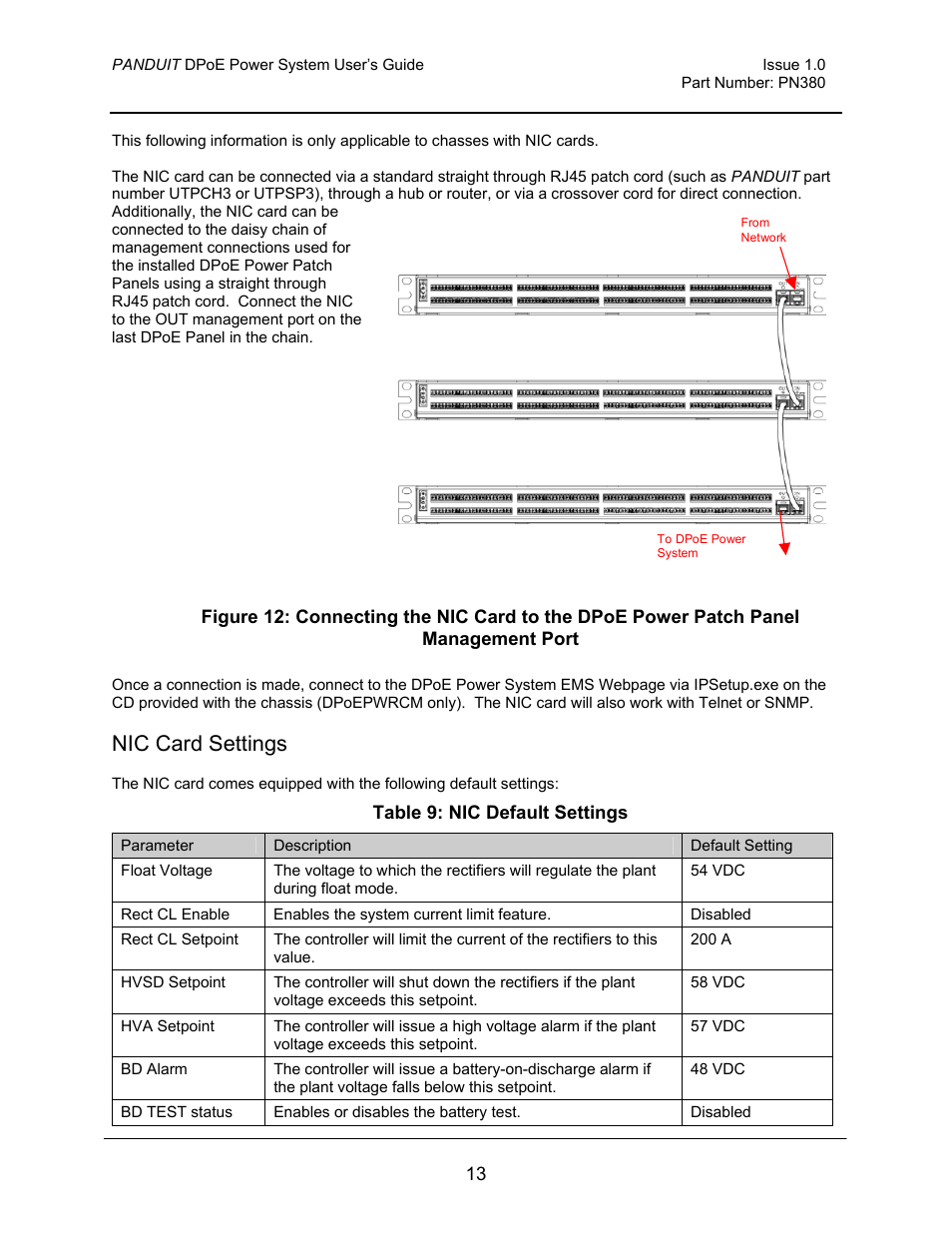 Nic card settings, Table 9: nic default settings | Panduit PN380 User Manual | Page 18 / 20